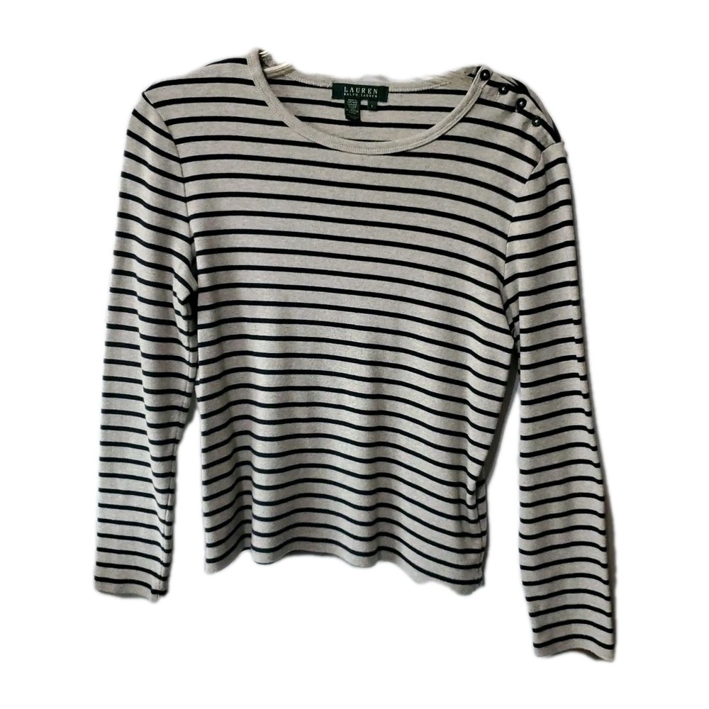 Lauren Ralph Lauren Striped Long Sleeve Pullover Top Sz L Cotton Cropped Women